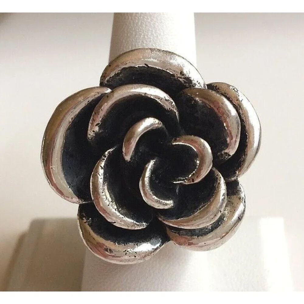 Vtg Silver Tone Rose Flower Bloom Cocktail Ring Size 6 7 8 9 Chunky Statement